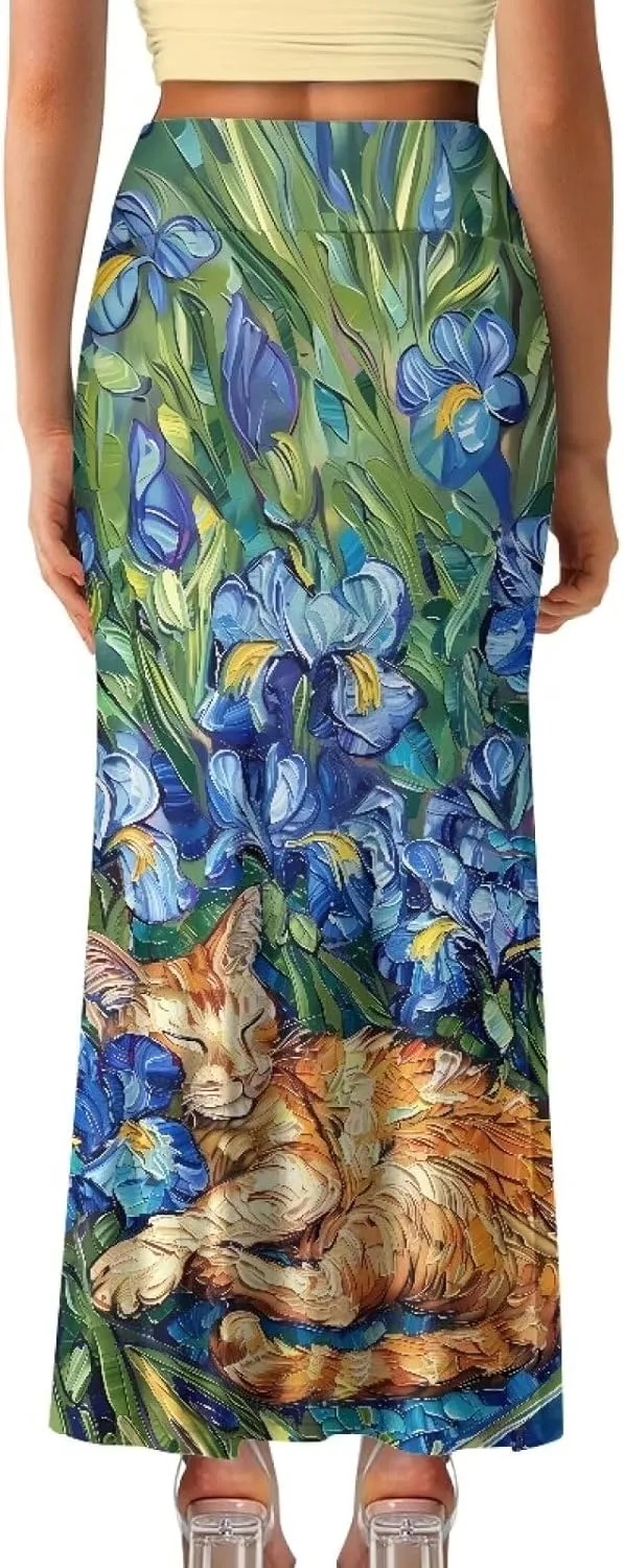 Oil Painting Printed Women's Party Long Flare Maxi Zipper Elegant Skirt High Waisted A-Link Long Maxi Skirt