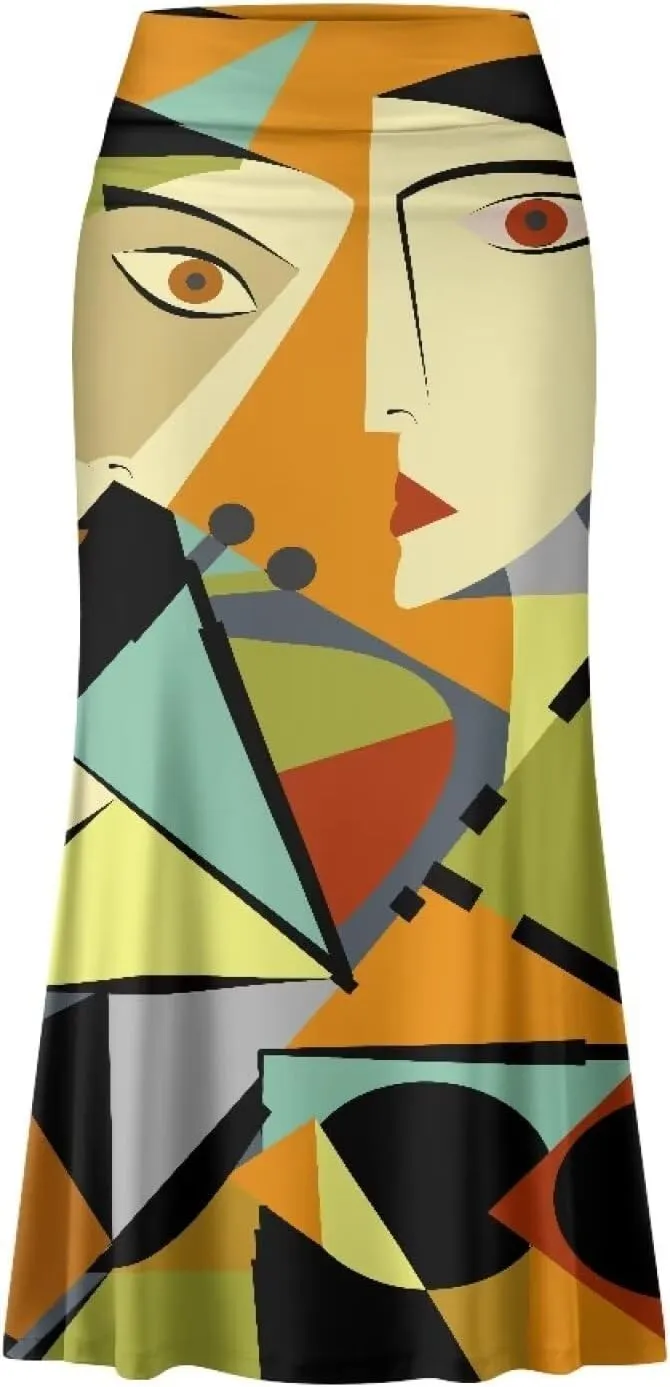 Oil Painting Printed Women's Party Long Flare Maxi Zipper Elegant Skirt High Waisted A-Link Long Maxi Skirt