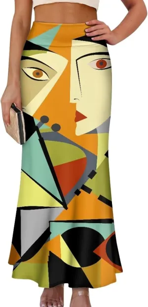 Oil Painting Printed Women's Party Long Flare Maxi Zipper Elegant Skirt High Waisted A-Link Long Maxi Skirt