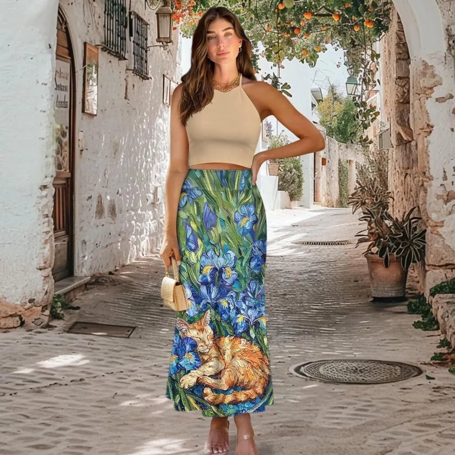 Oil Painting Printed Women's Party Long Flare Maxi Zipper Elegant Skirt High Waisted A-Link Long Maxi Skirt