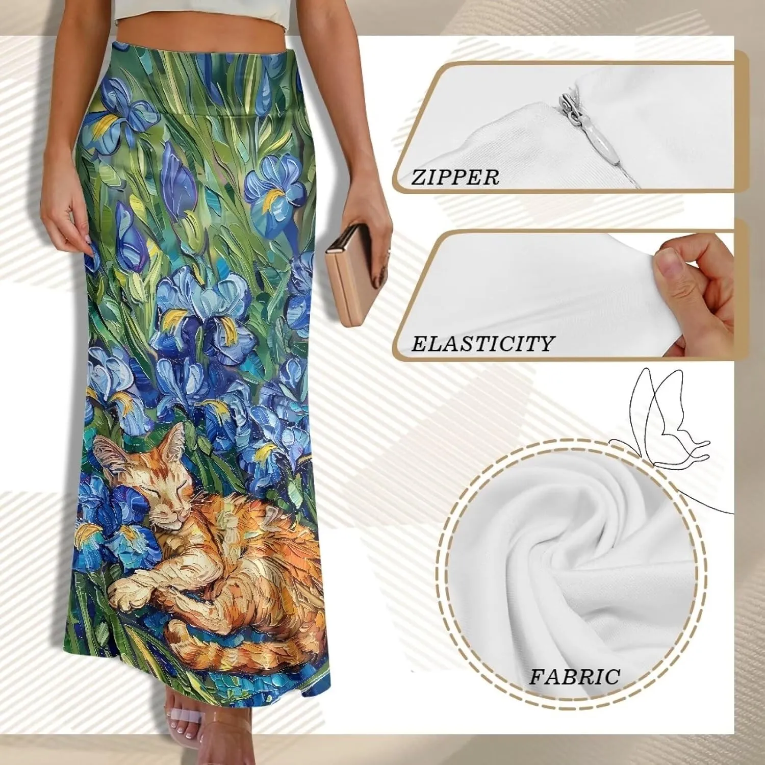 Oil Painting Printed Women's Party Long Flare Maxi Zipper Elegant Skirt High Waisted A-Link Long Maxi Skirt