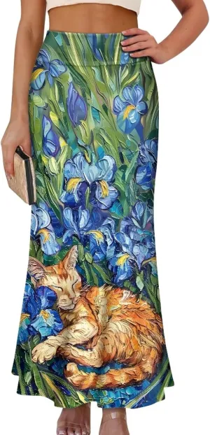 Oil Painting Printed Women's Party Long Flare Maxi Zipper Elegant Skirt High Waisted A-Link Long Maxi Skirt