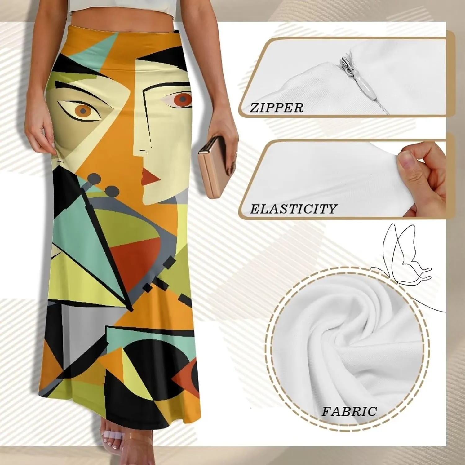 Oil Painting Printed Women's Party Long Flare Maxi Zipper Elegant Skirt High Waisted A-Link Long Maxi Skirt