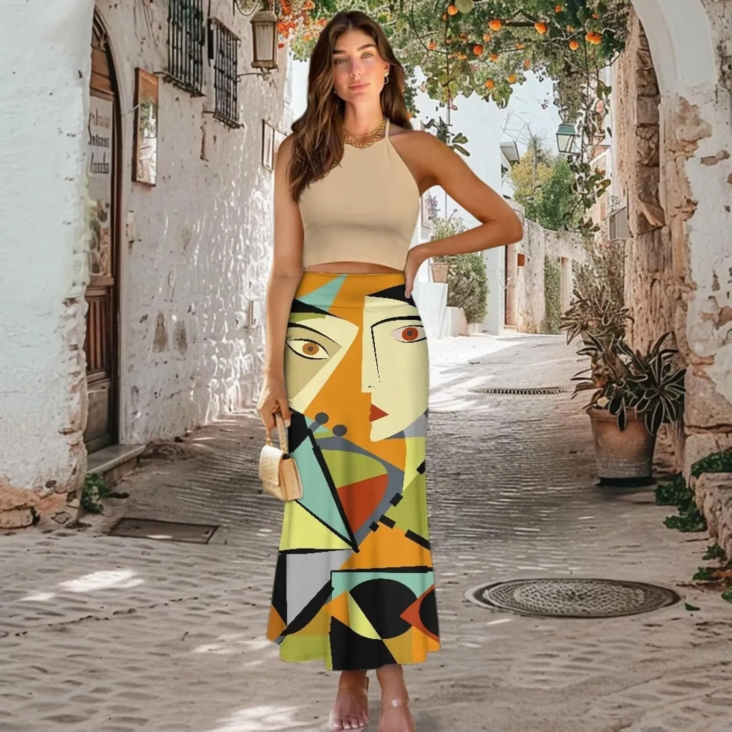 Oil Painting Printed Women's Party Long Flare Maxi Zipper Elegant Skirt High Waisted A-Link Long Maxi Skirt