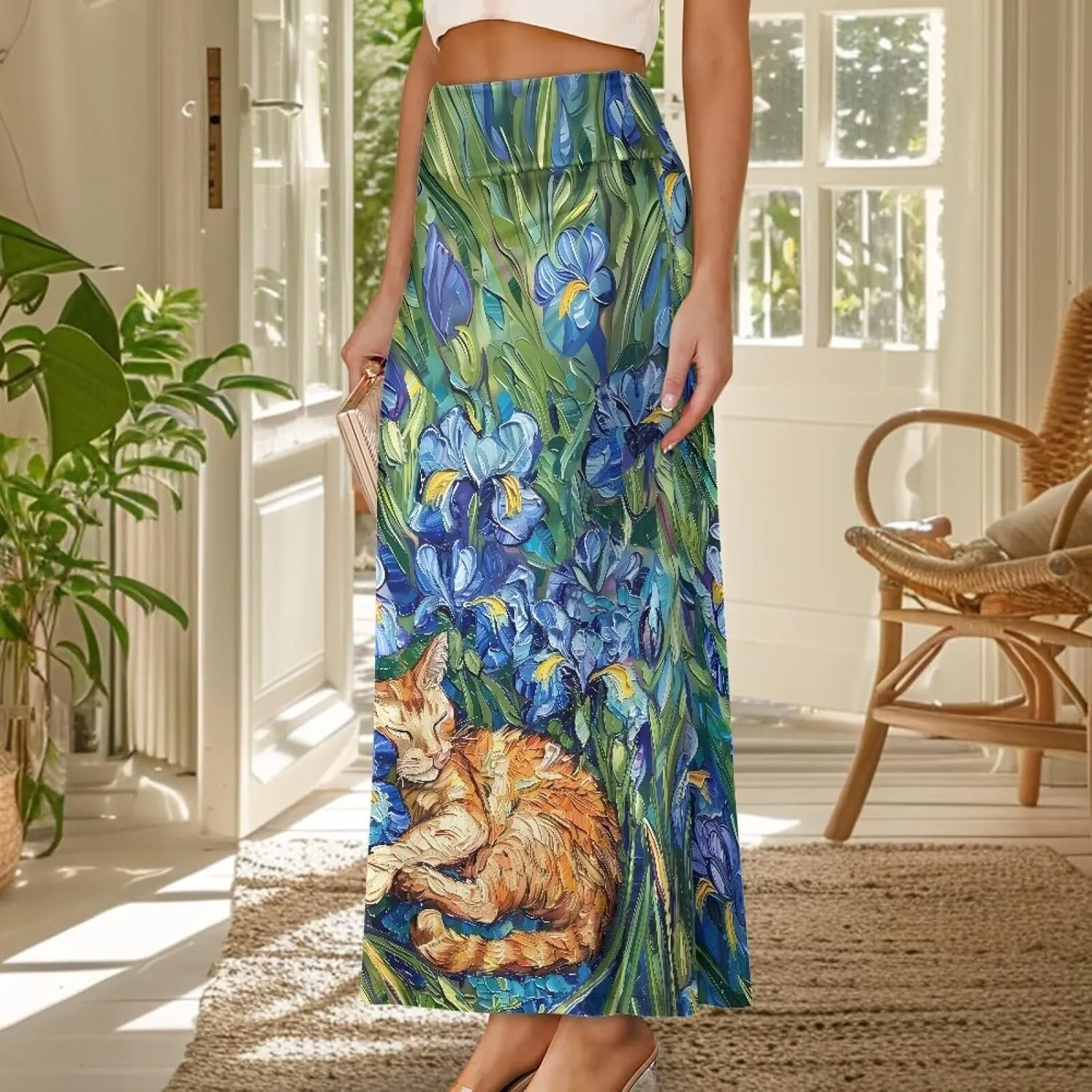 Oil Painting Printed Women's Party Long Flare Maxi Zipper Elegant Skirt High Waisted A-Link Long Maxi Skirt