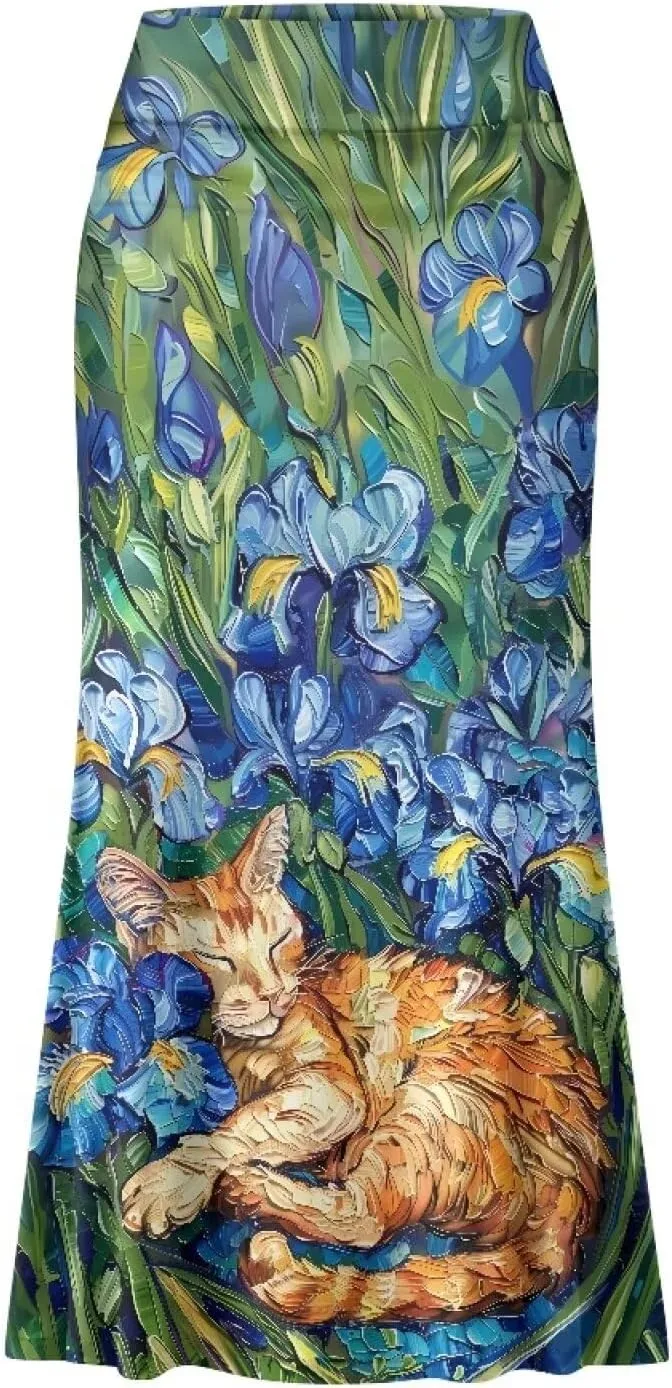 Oil Painting Printed Women's Party Long Flare Maxi Zipper Elegant Skirt High Waisted A-Link Long Maxi Skirt