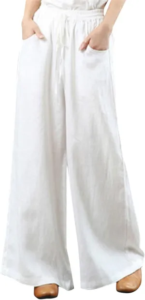 Palazzo Pants for Women Casual Plus Size Linen Pants Summer Comfy Wide Leg Drawstring Elastic Waist Lounge Pants