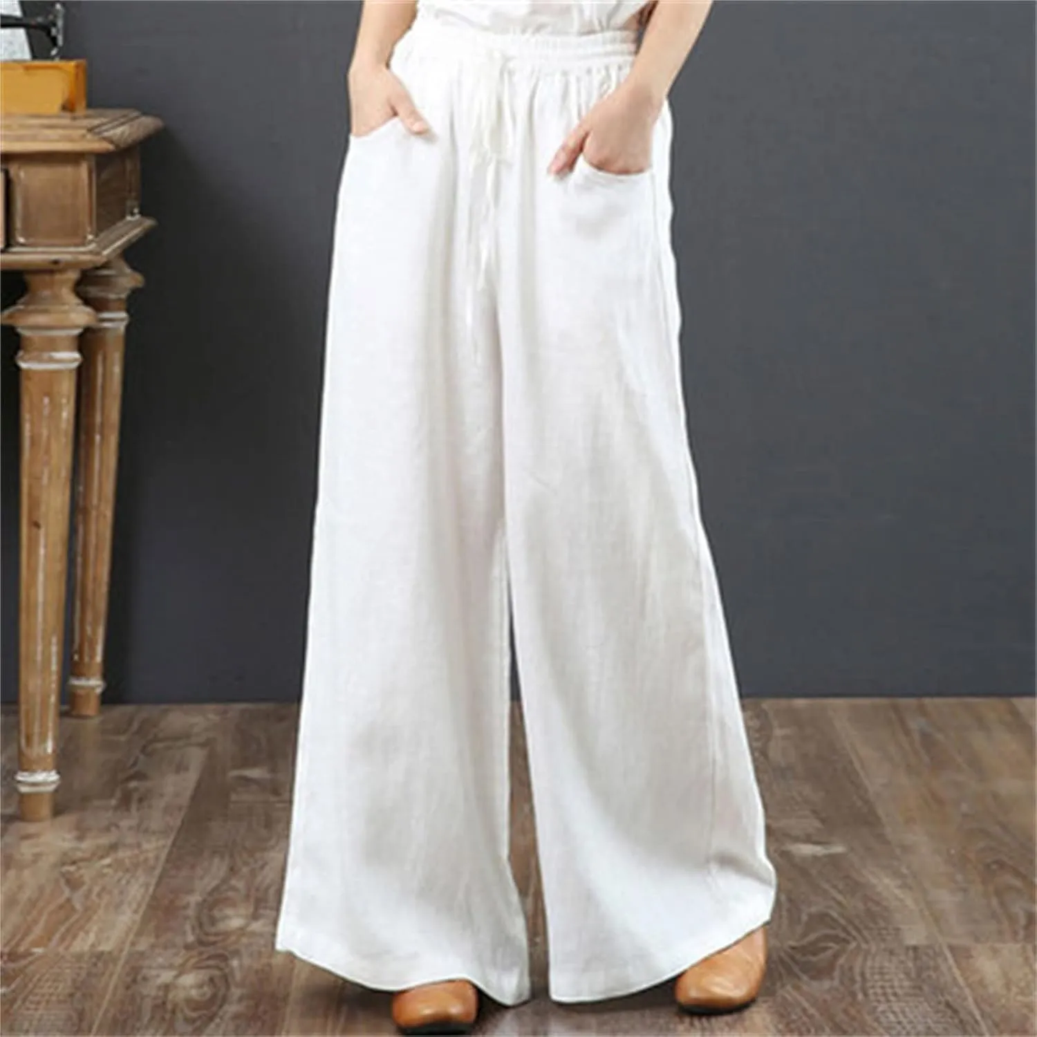 Palazzo Pants for Women Casual Plus Size Linen Pants Summer Comfy Wide Leg Drawstring Elastic Waist Lounge Pants
