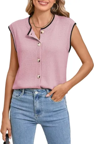 Pink Queen Women's Sweater Vest 2025 Sleeveless Tank Tops Casual Crewneck Button Down Fashion Knitted Vest Cardigans