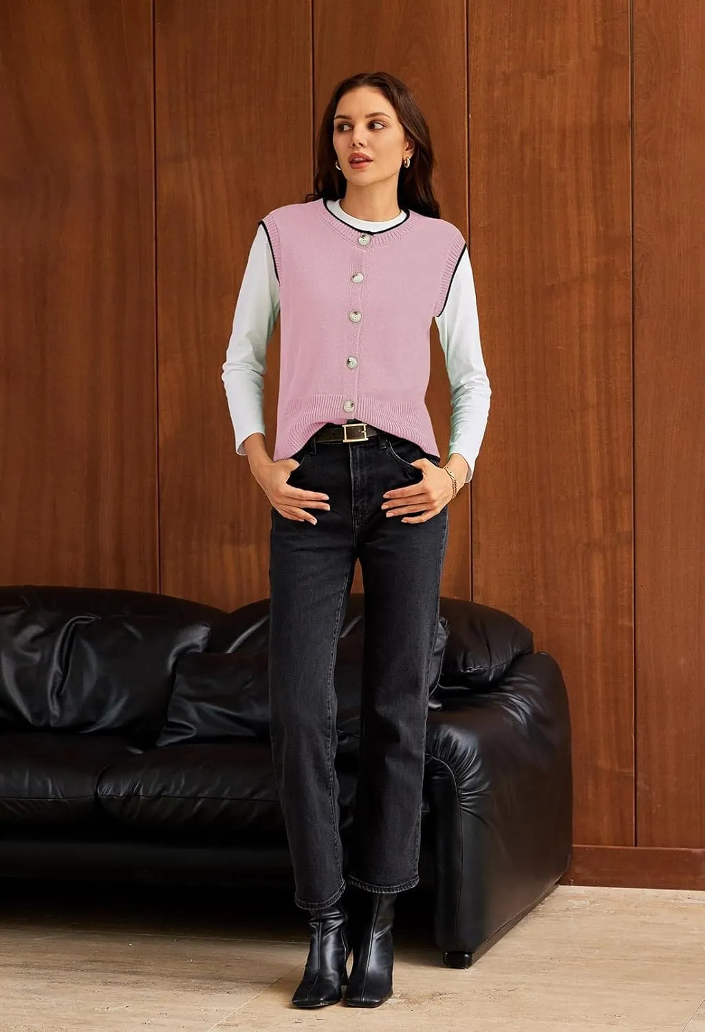 Pink Queen Women's Sweater Vest 2025 Sleeveless Tank Tops Casual Crewneck Button Down Fashion Knitted Vest Cardigans