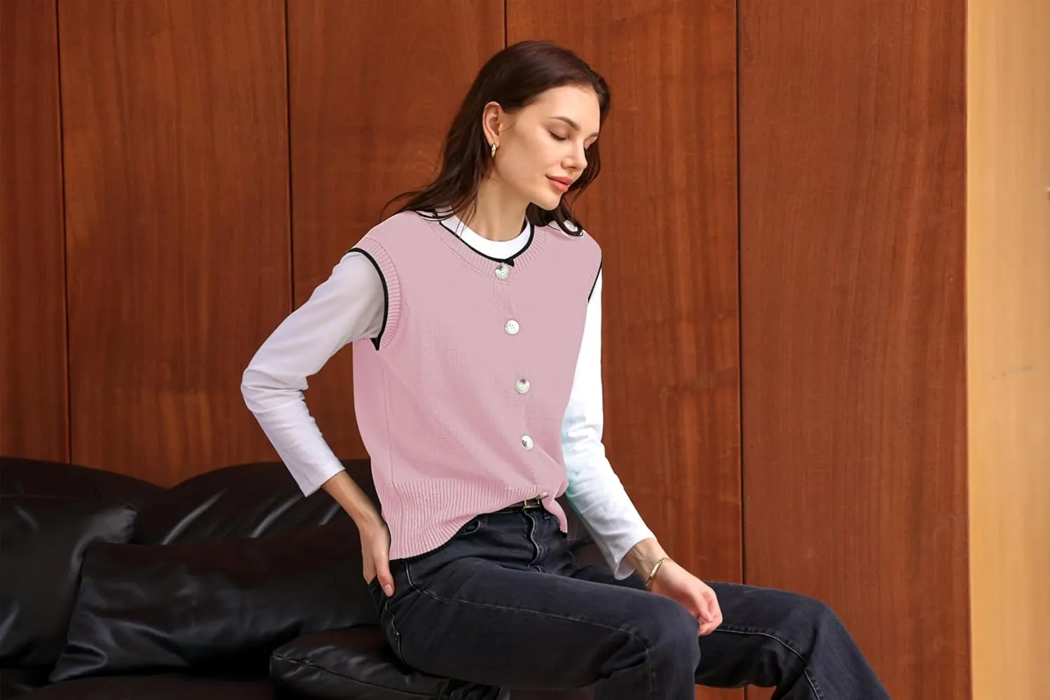 Pink Queen Women's Sweater Vest 2025 Sleeveless Tank Tops Casual Crewneck Button Down Fashion Knitted Vest Cardigans