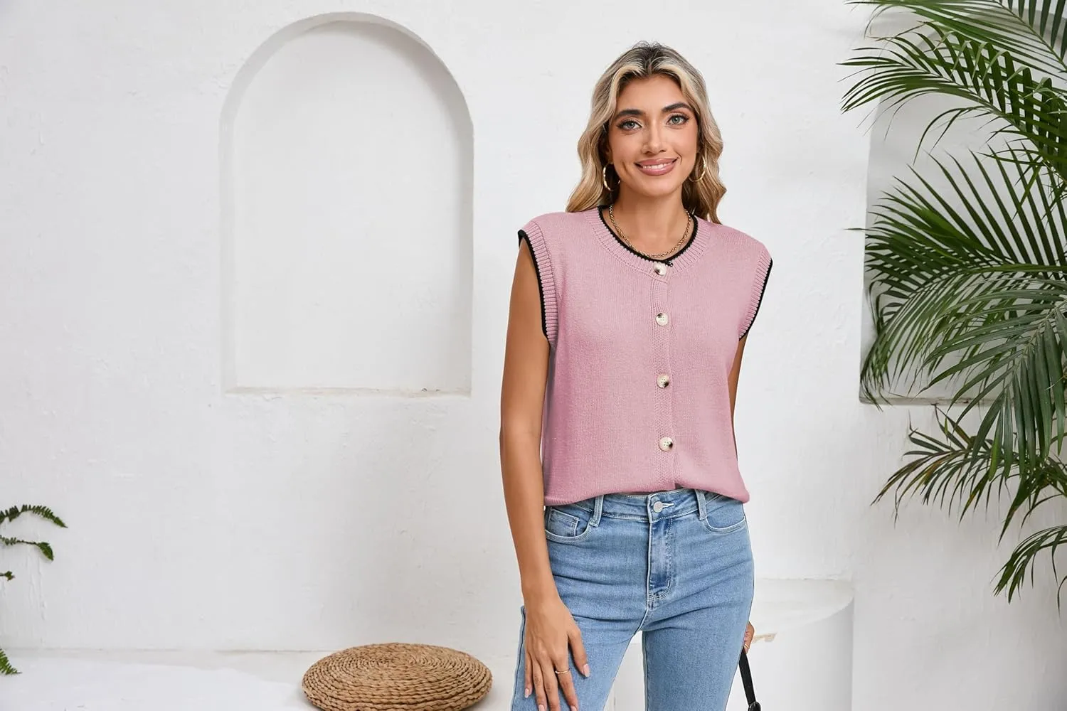 Pink Queen Women's Sweater Vest 2025 Sleeveless Tank Tops Casual Crewneck Button Down Fashion Knitted Vest Cardigans