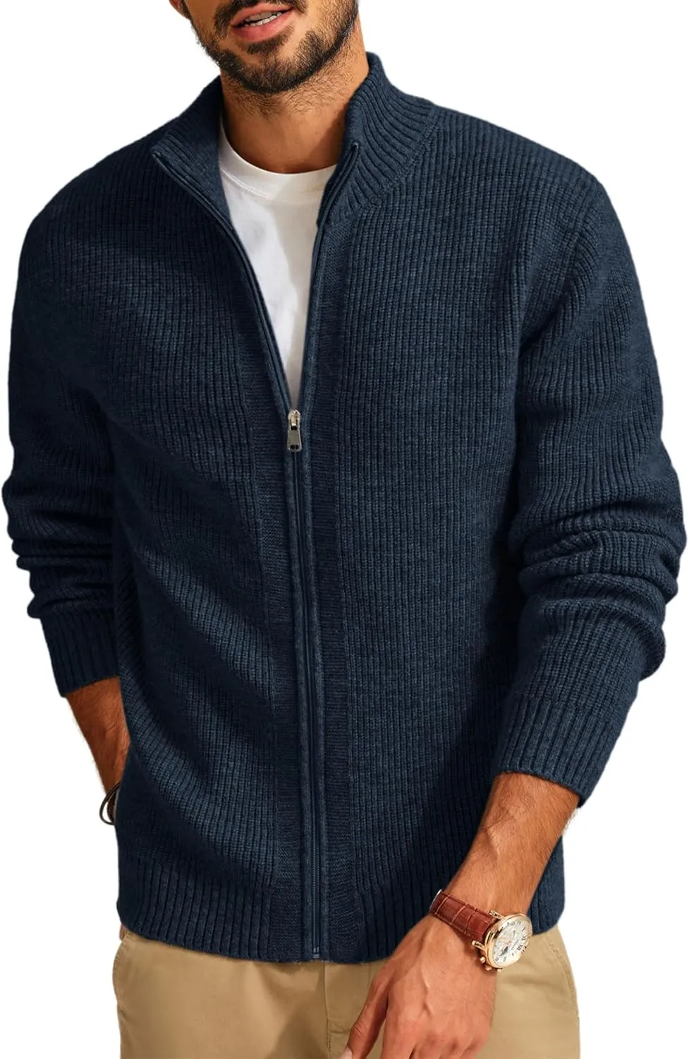PJ PAUL JONES Mens Full Zip Cardigan Sweater Casual Ribbed Knitted Sweater for Men