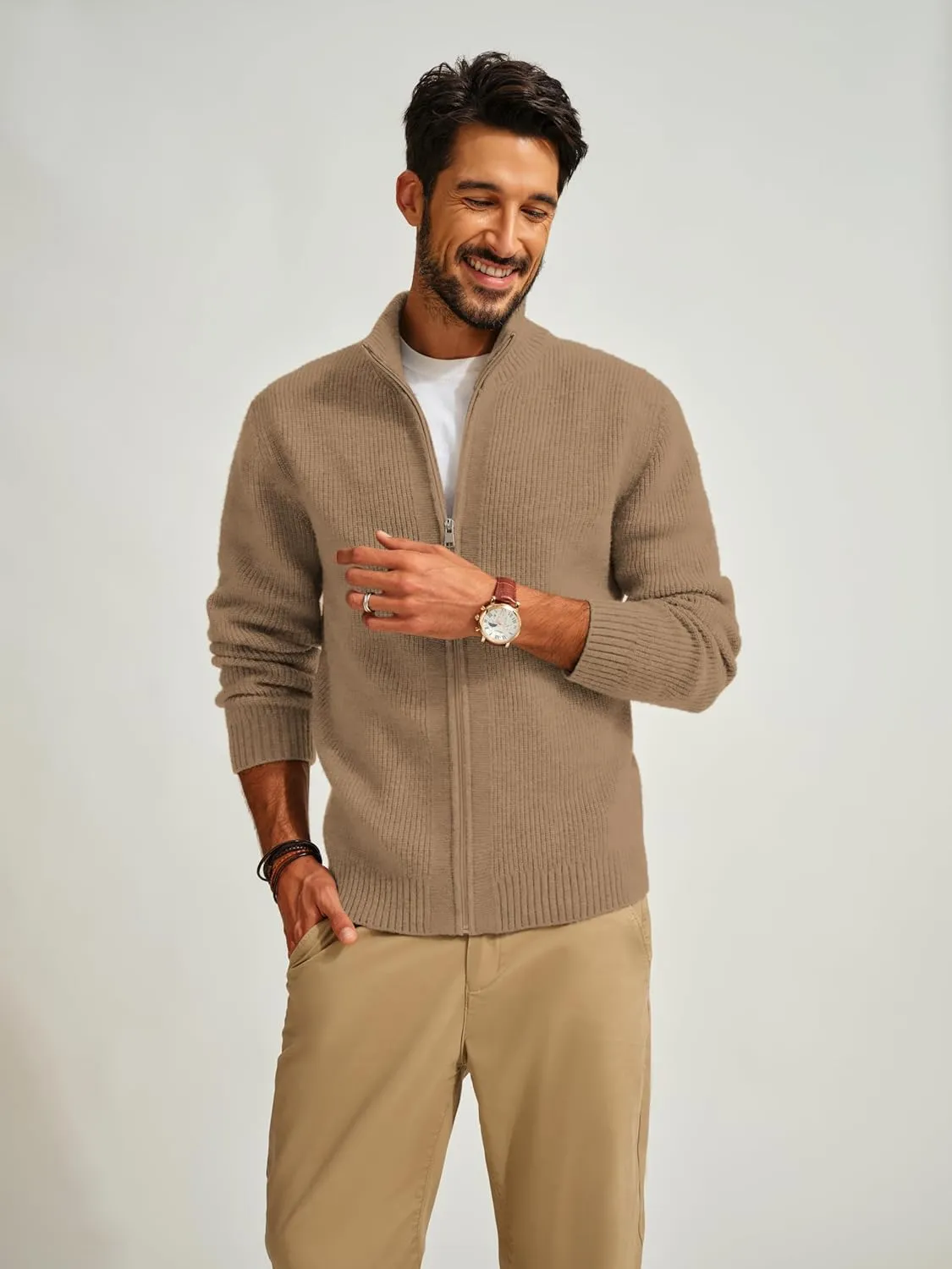 PJ PAUL JONES Mens Full Zip Cardigan Sweater Casual Ribbed Knitted Sweater for Men