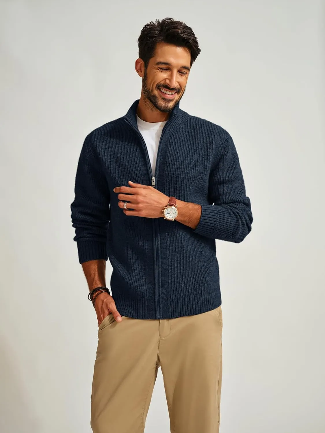PJ PAUL JONES Mens Full Zip Cardigan Sweater Casual Ribbed Knitted Sweater for Men