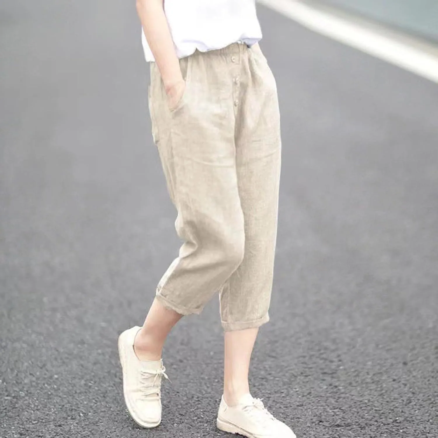 Plus Size Capri Pants for Women 2025 Summer Elastic Waist Linen Pants High Rise Comfy Capris Trousers with Pockets