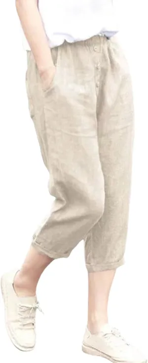 Plus Size Capri Pants for Women 2025 Summer Elastic Waist Linen Pants High Rise Comfy Capris Trousers with Pockets