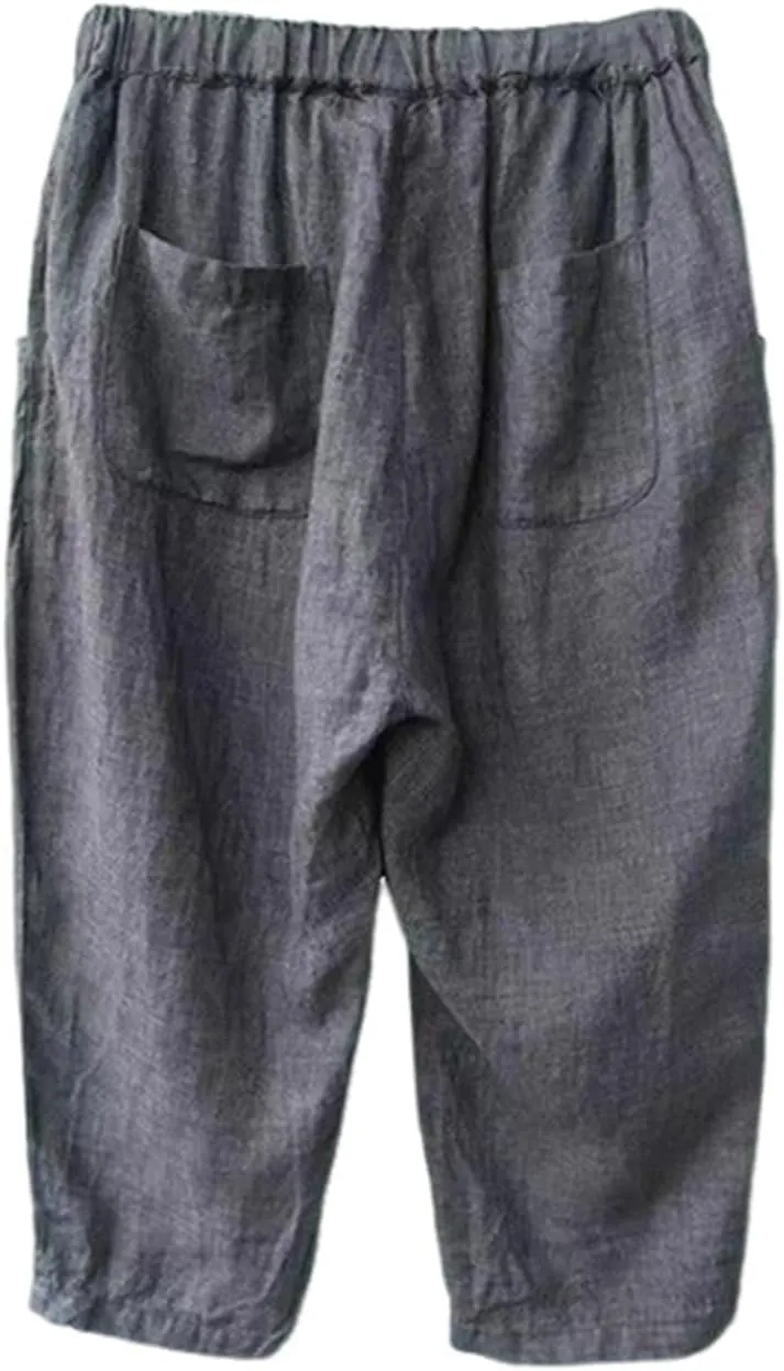 Plus Size Capri Pants for Women 2025 Summer Elastic Waist Linen Pants High Rise Comfy Capris Trousers with Pockets