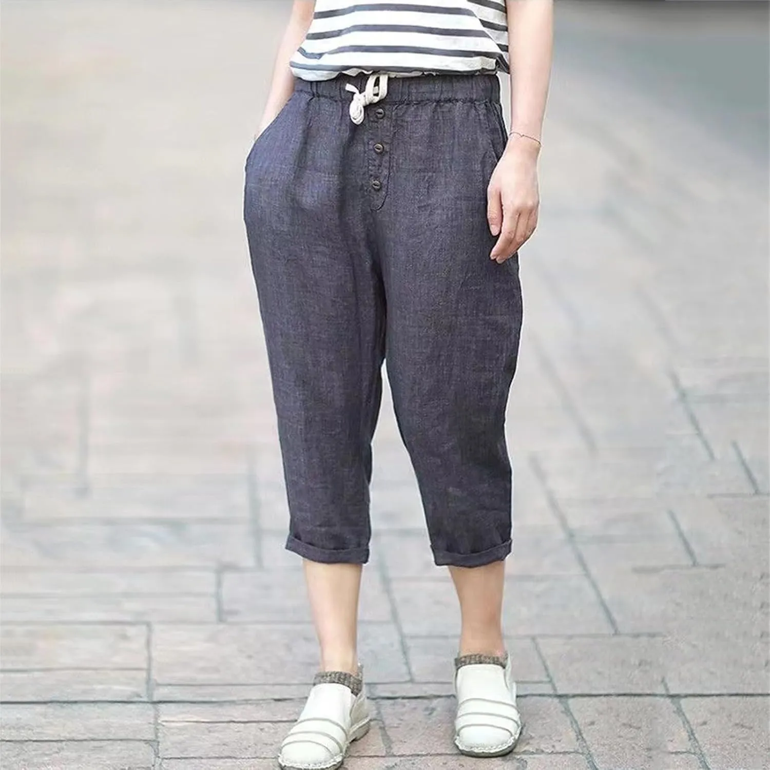Plus Size Capri Pants for Women 2025 Summer Elastic Waist Linen Pants High Rise Comfy Capris Trousers with Pockets