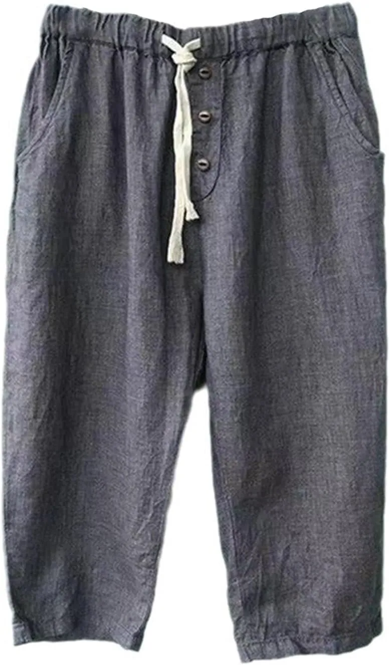 Plus Size Capri Pants for Women 2025 Summer Elastic Waist Linen Pants High Rise Comfy Capris Trousers with Pockets