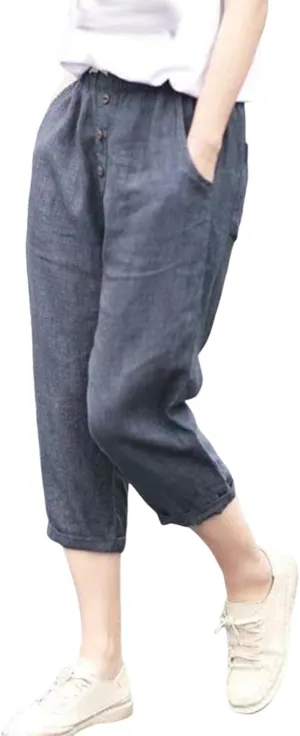 Plus Size Capri Pants for Women 2025 Summer Elastic Waist Linen Pants High Rise Comfy Capris Trousers with Pockets