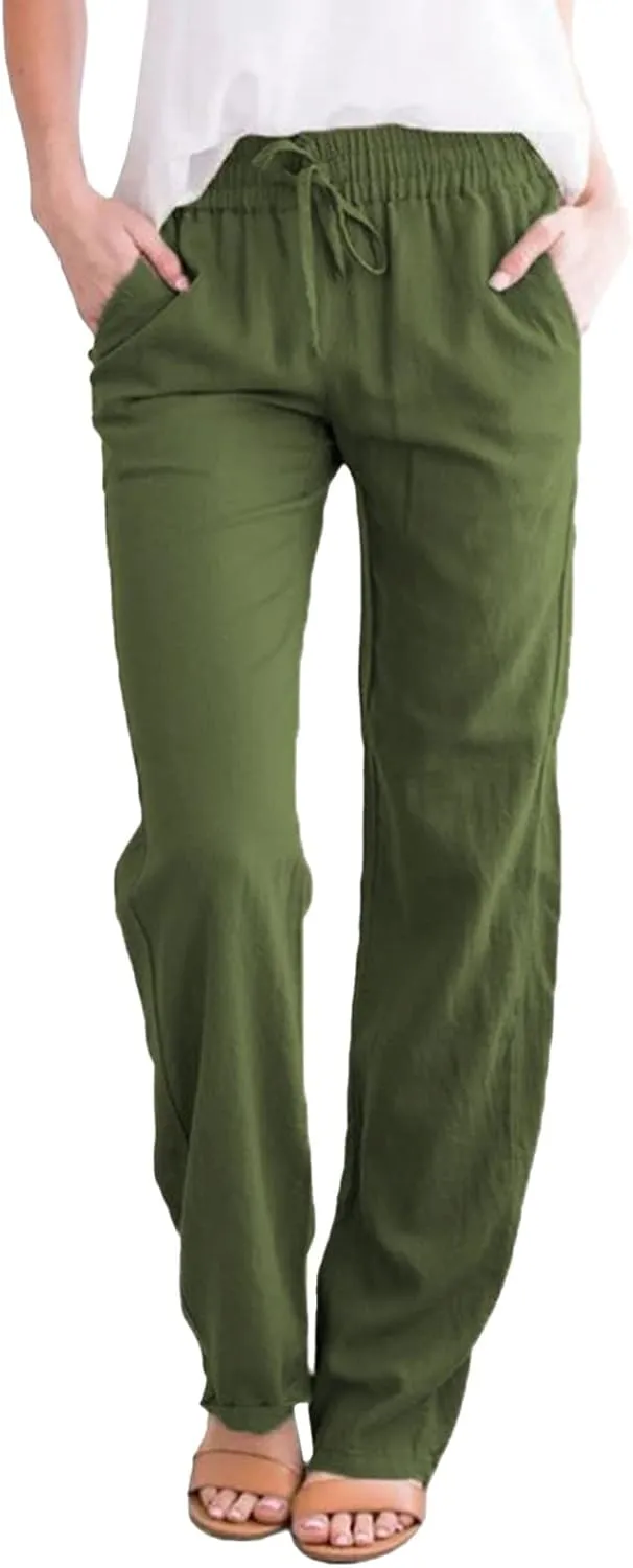 Plus Size Women's Wide Leg Pants Linen Blend with Back Pockets, Drawstring Waist Lounge Trousers
