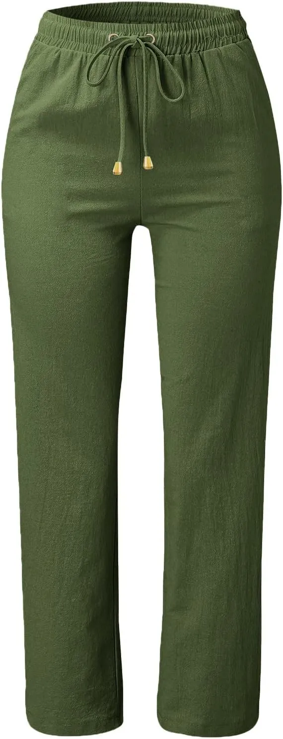 Plus Size Women's Wide Leg Pants Linen Blend with Back Pockets, Drawstring Waist Lounge Trousers