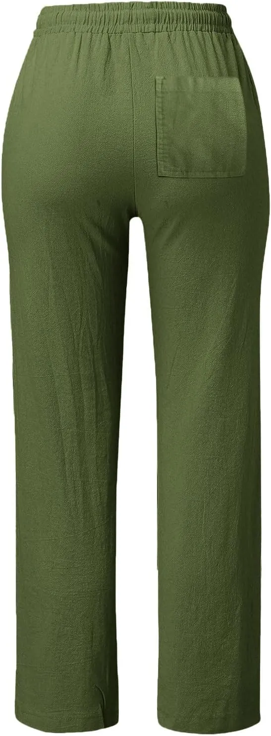 Plus Size Women's Wide Leg Pants Linen Blend with Back Pockets, Drawstring Waist Lounge Trousers