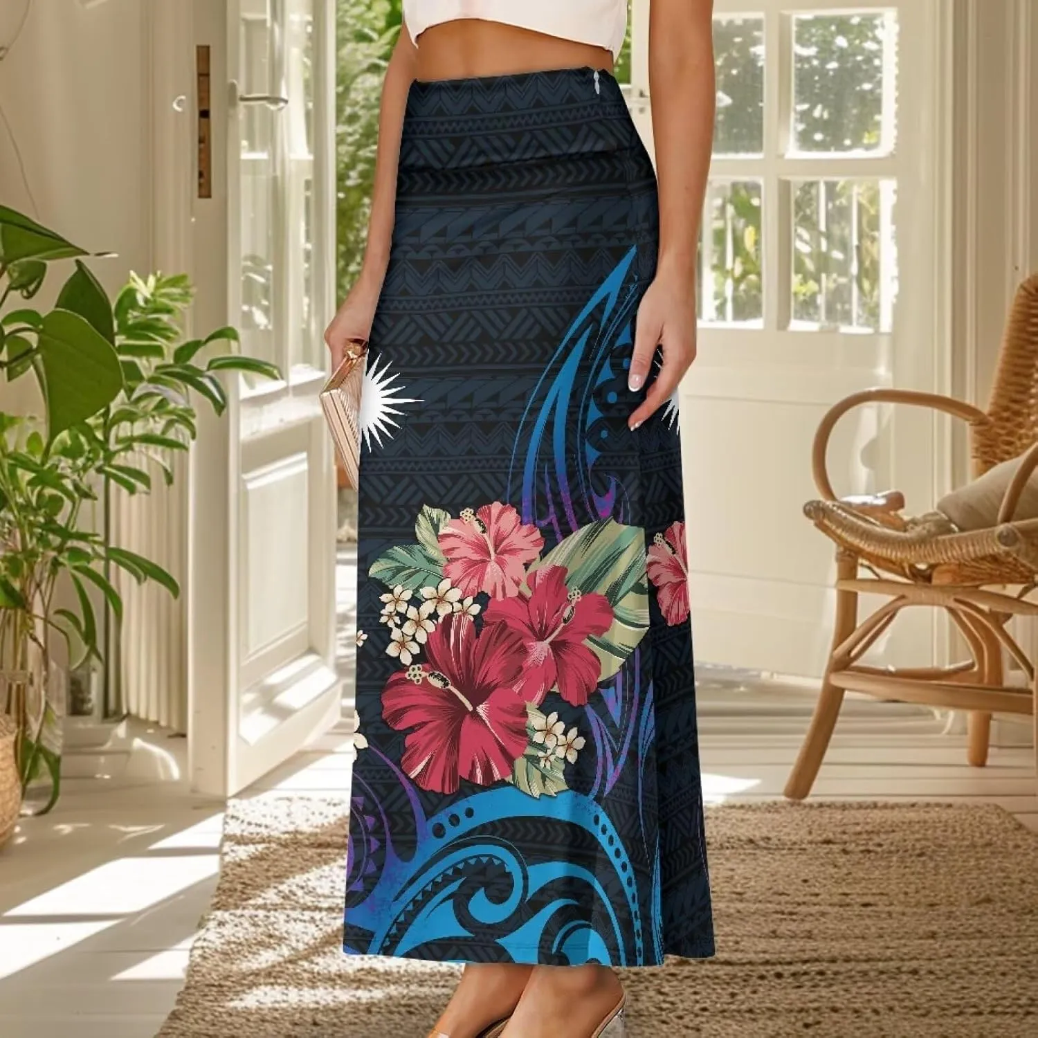 Polynesian Puletasi Samoa Women's Casual High Waist Flare Long Maxi Skirt A-Link Long Maxi Skirt Beach Skirt