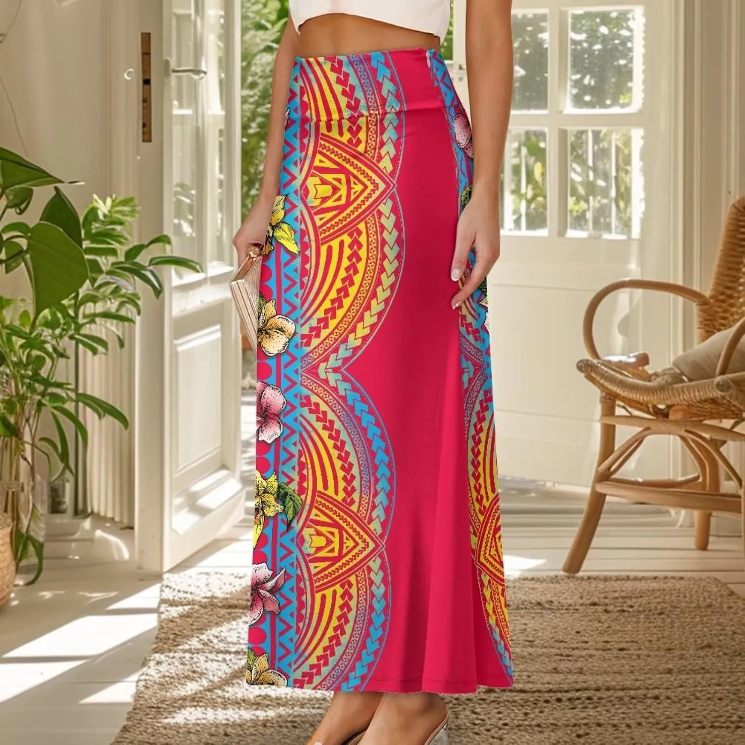 Polynesian Puletasi Samoa Women's Casual High Waist Flare Long Maxi Skirt A-Link Long Maxi Skirt Beach Skirt
