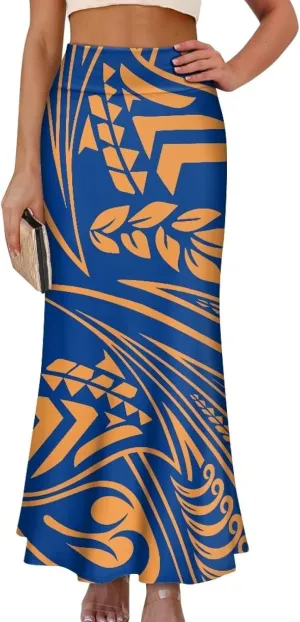Polynesian Tapa Puletasi Samoan Long Maxi Skirts for Women Vintage High Waisted A-Link Long Maxi Skirt