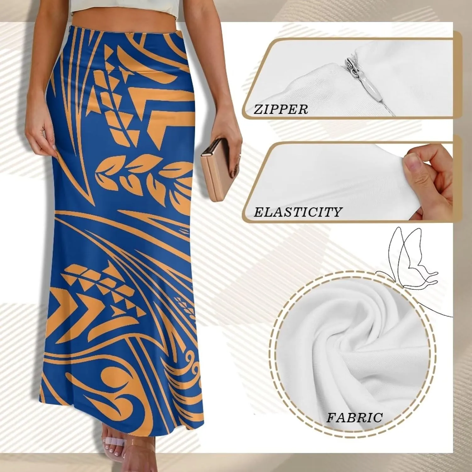 Polynesian Tapa Puletasi Samoan Long Maxi Skirts for Women Vintage High Waisted A-Link Long Maxi Skirt