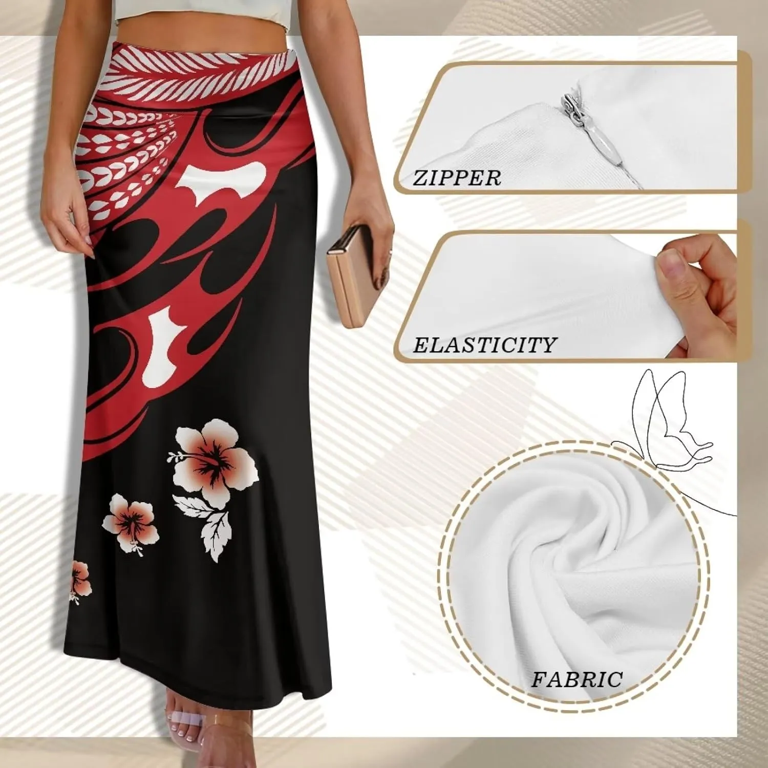 Polynesian Tapa Puletasi Samoan Long Maxi Skirts for Women Vintage High Waisted A-Link Long Maxi Skirt
