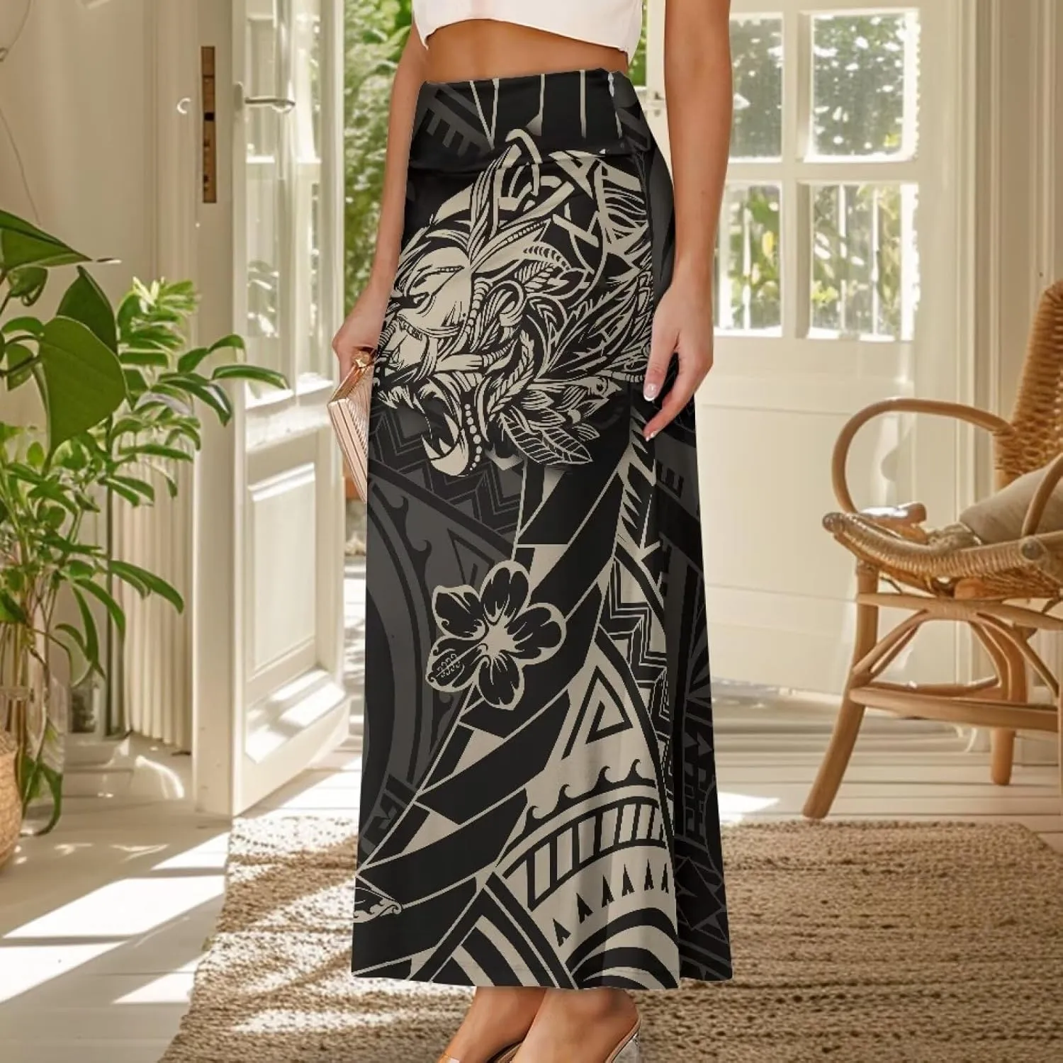 Polynesian Tapa Puletasi Samoan Long Maxi Skirts for Women Vintage High Waisted A-Link Long Maxi Skirt