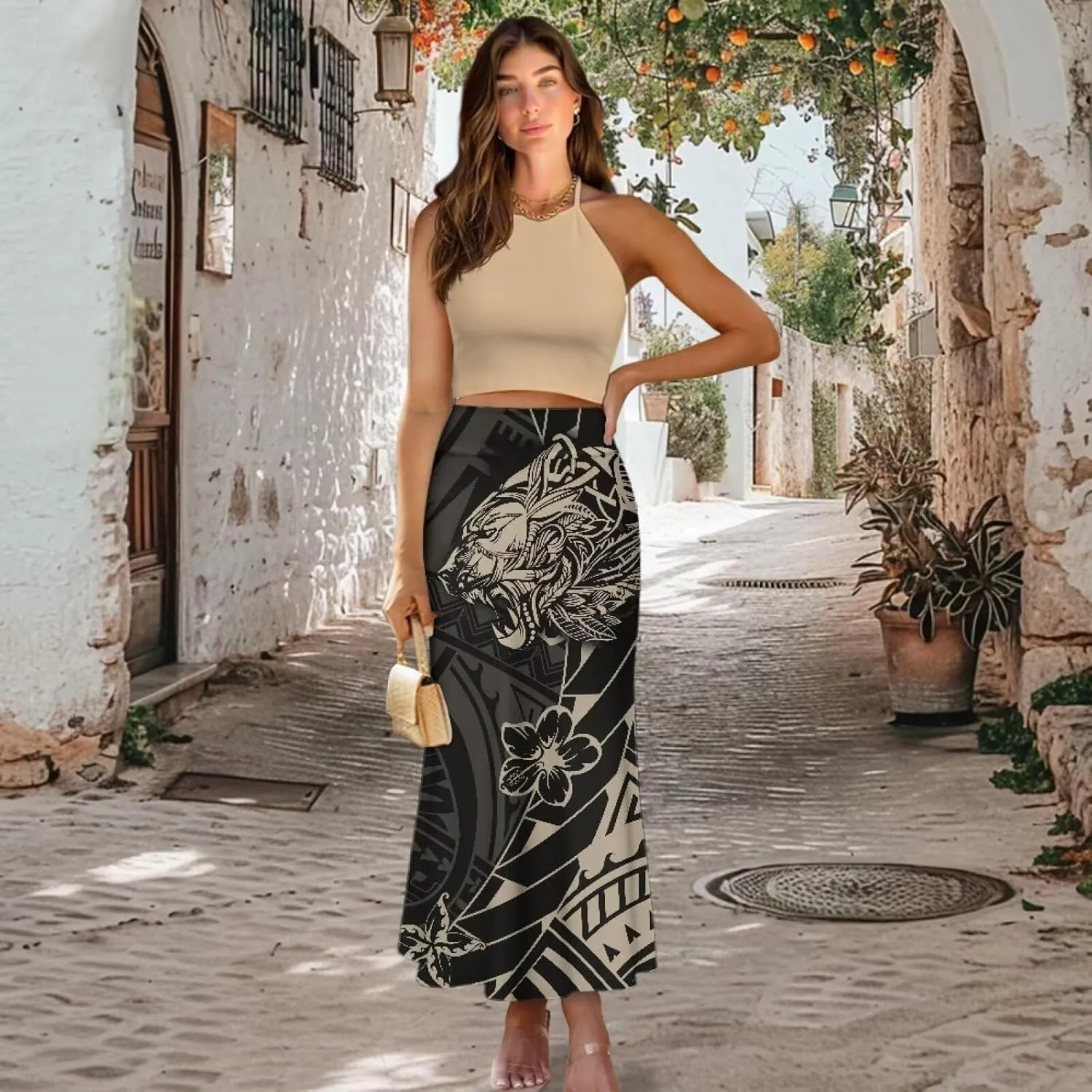 Polynesian Tapa Puletasi Samoan Long Maxi Skirts for Women Vintage High Waisted A-Link Long Maxi Skirt