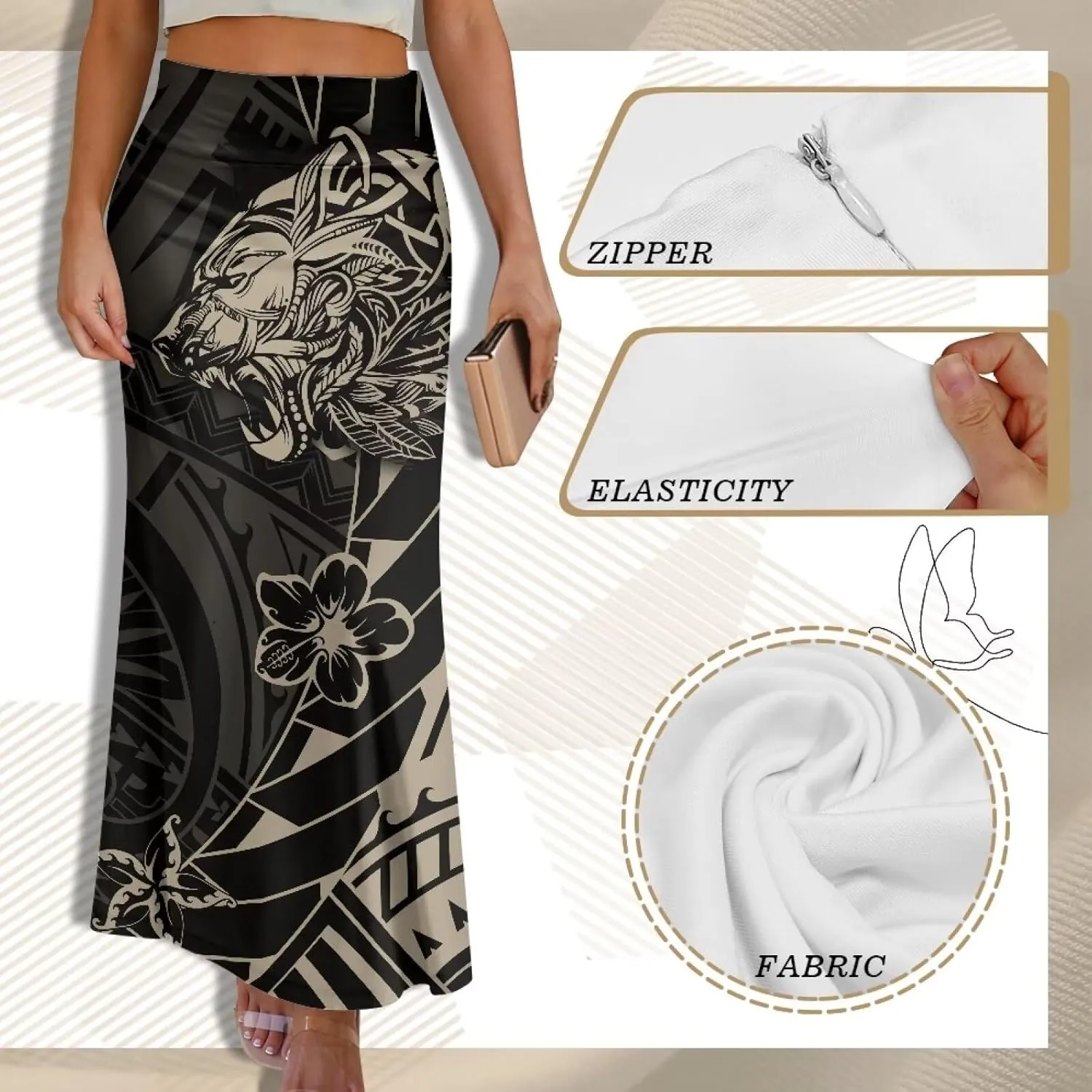 Polynesian Tapa Puletasi Samoan Long Maxi Skirts for Women Vintage High Waisted A-Link Long Maxi Skirt