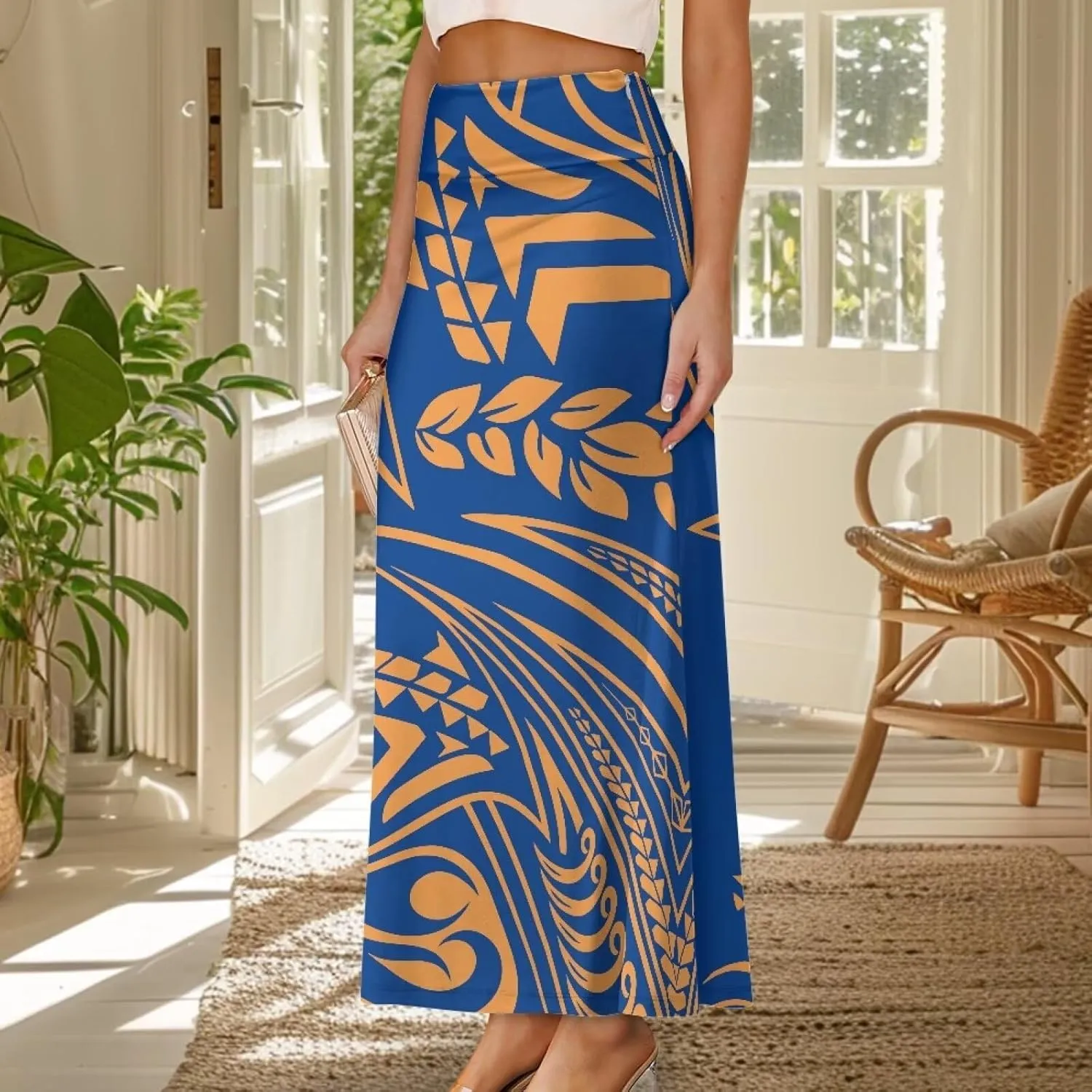 Polynesian Tapa Puletasi Samoan Long Maxi Skirts for Women Vintage High Waisted A-Link Long Maxi Skirt