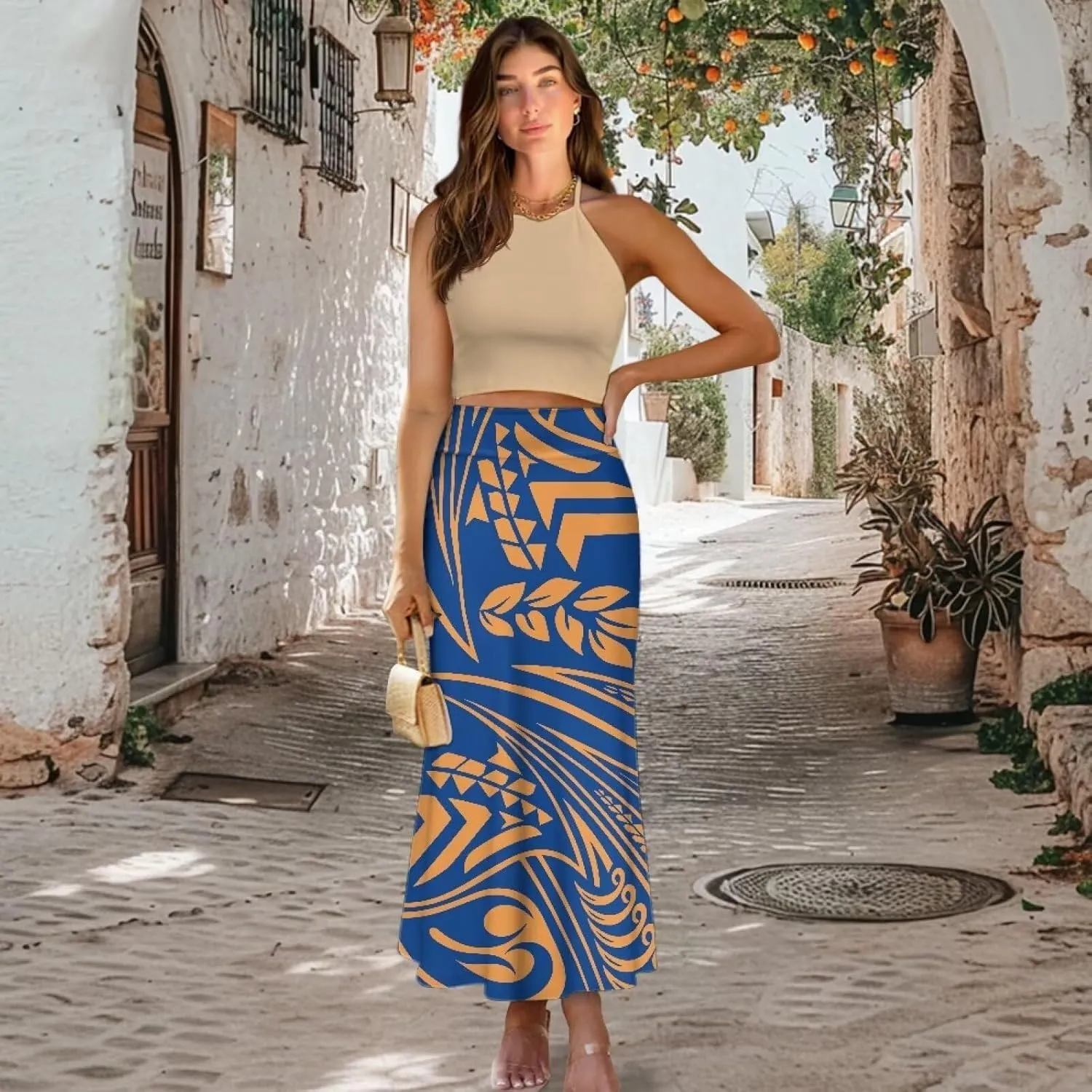 Polynesian Tapa Puletasi Samoan Long Maxi Skirts for Women Vintage High Waisted A-Link Long Maxi Skirt