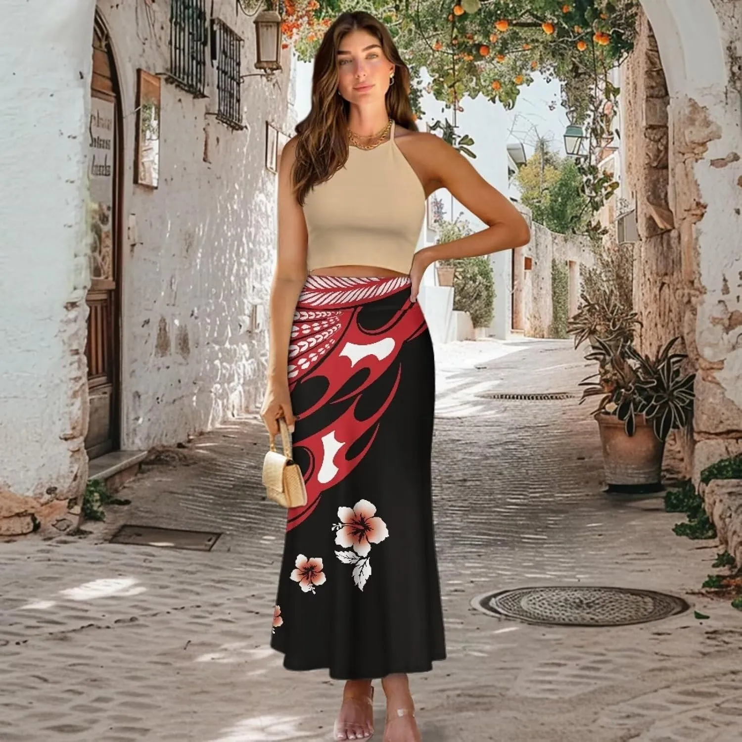 Polynesian Tapa Puletasi Samoan Long Maxi Skirts for Women Vintage High Waisted A-Link Long Maxi Skirt