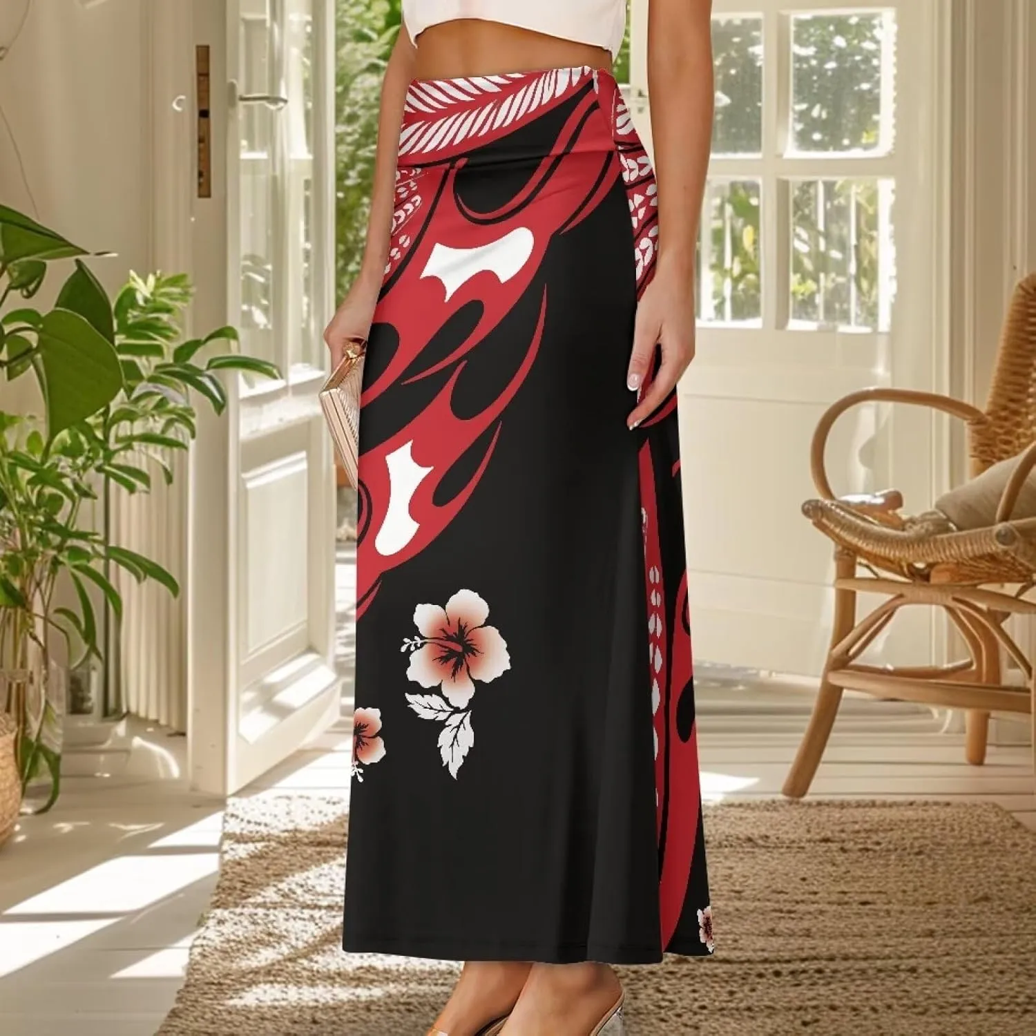 Polynesian Tapa Puletasi Samoan Long Maxi Skirts for Women Vintage High Waisted A-Link Long Maxi Skirt