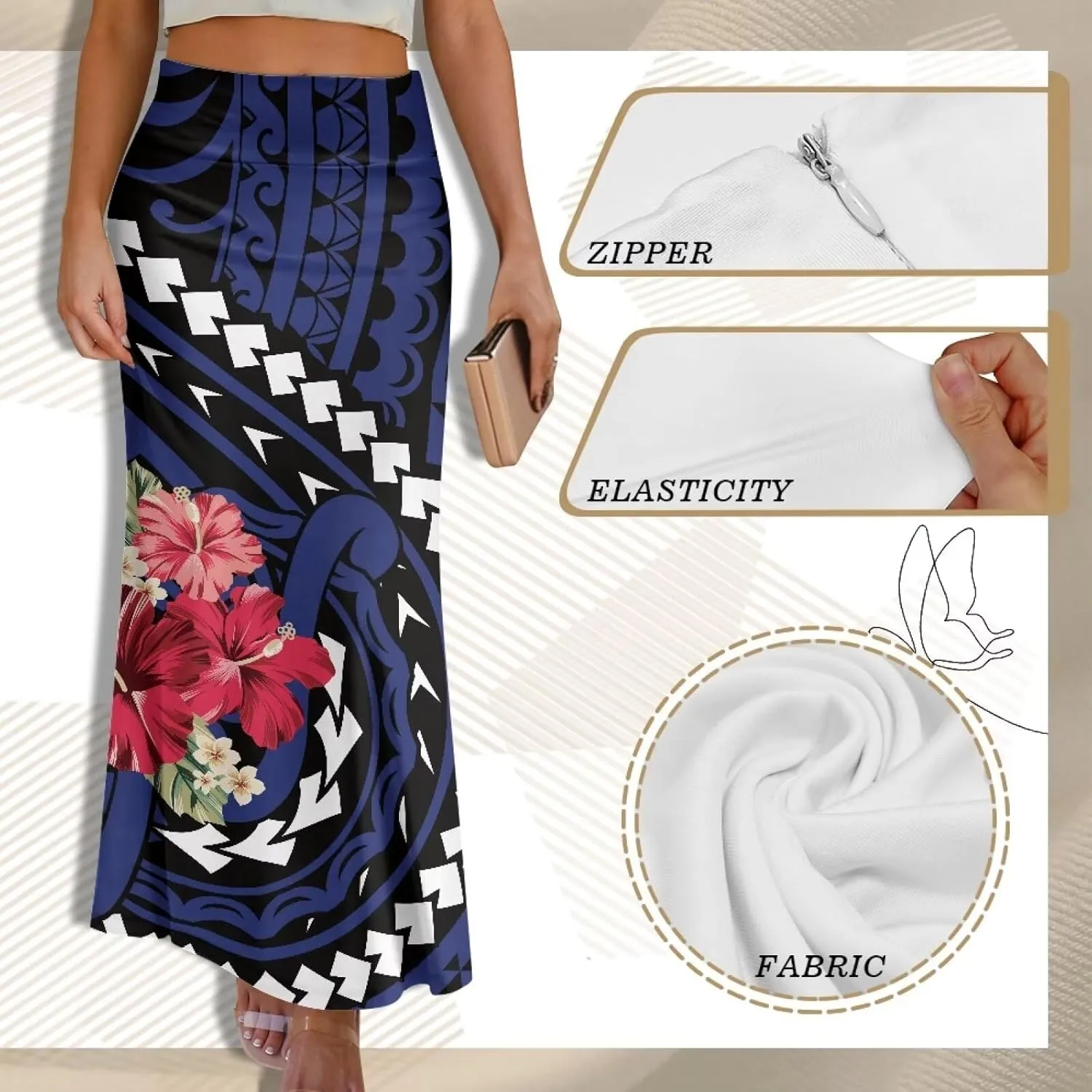 Polynesian Tribal Tatau Pattern Women Summer High Waisted Long Skirts Party Long Flare Maxi Zipper Elegant Skirt