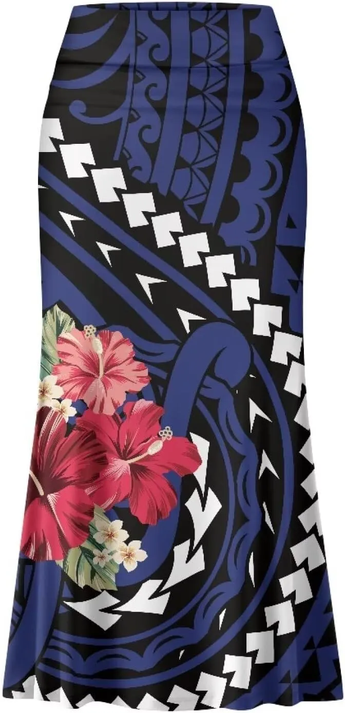 Polynesian Tribal Tatau Pattern Women Summer High Waisted Long Skirts Party Long Flare Maxi Zipper Elegant Skirt