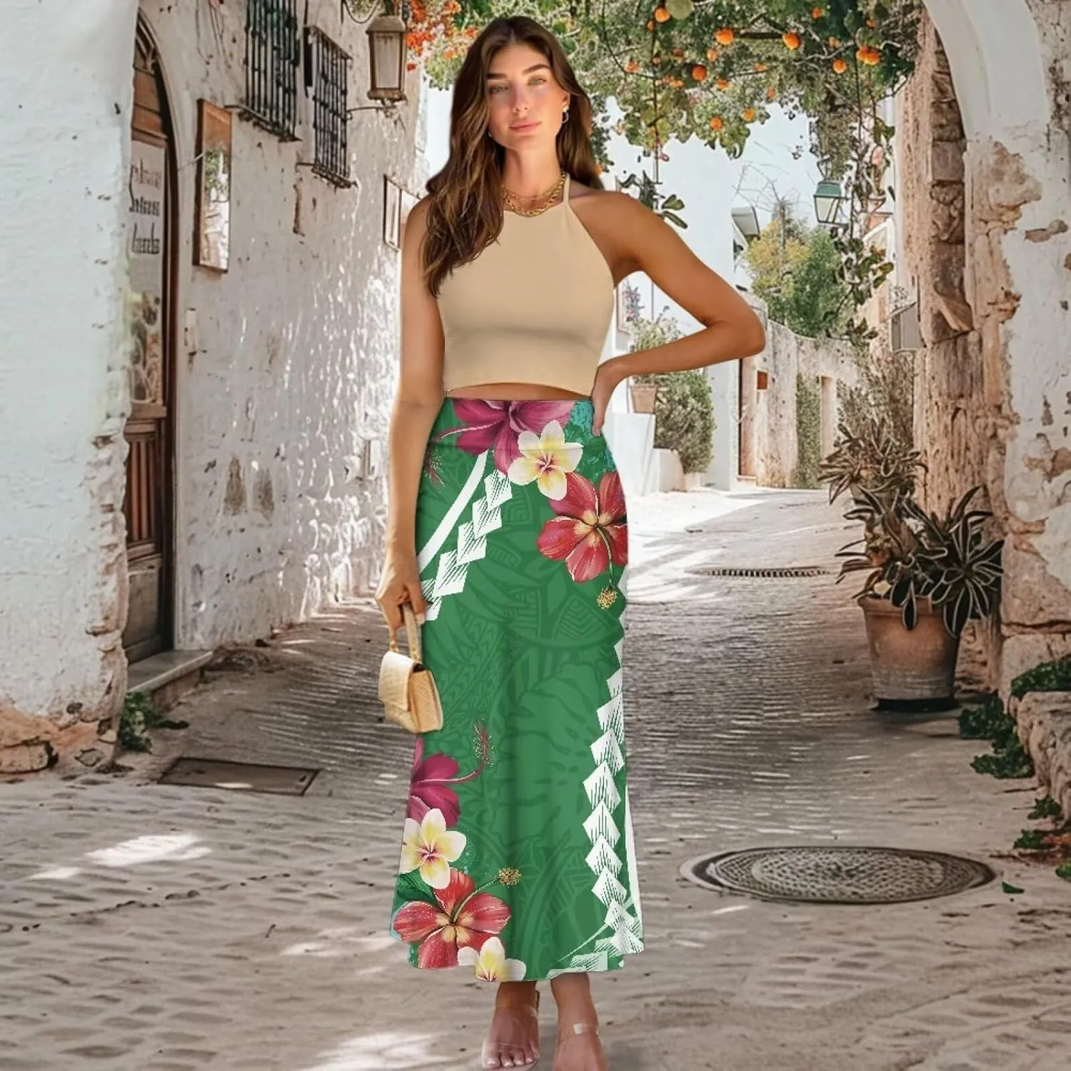 Polynesian Tribal Tatau Pattern Women Summer High Waisted Long Skirts Party Long Flare Maxi Zipper Elegant Skirt
