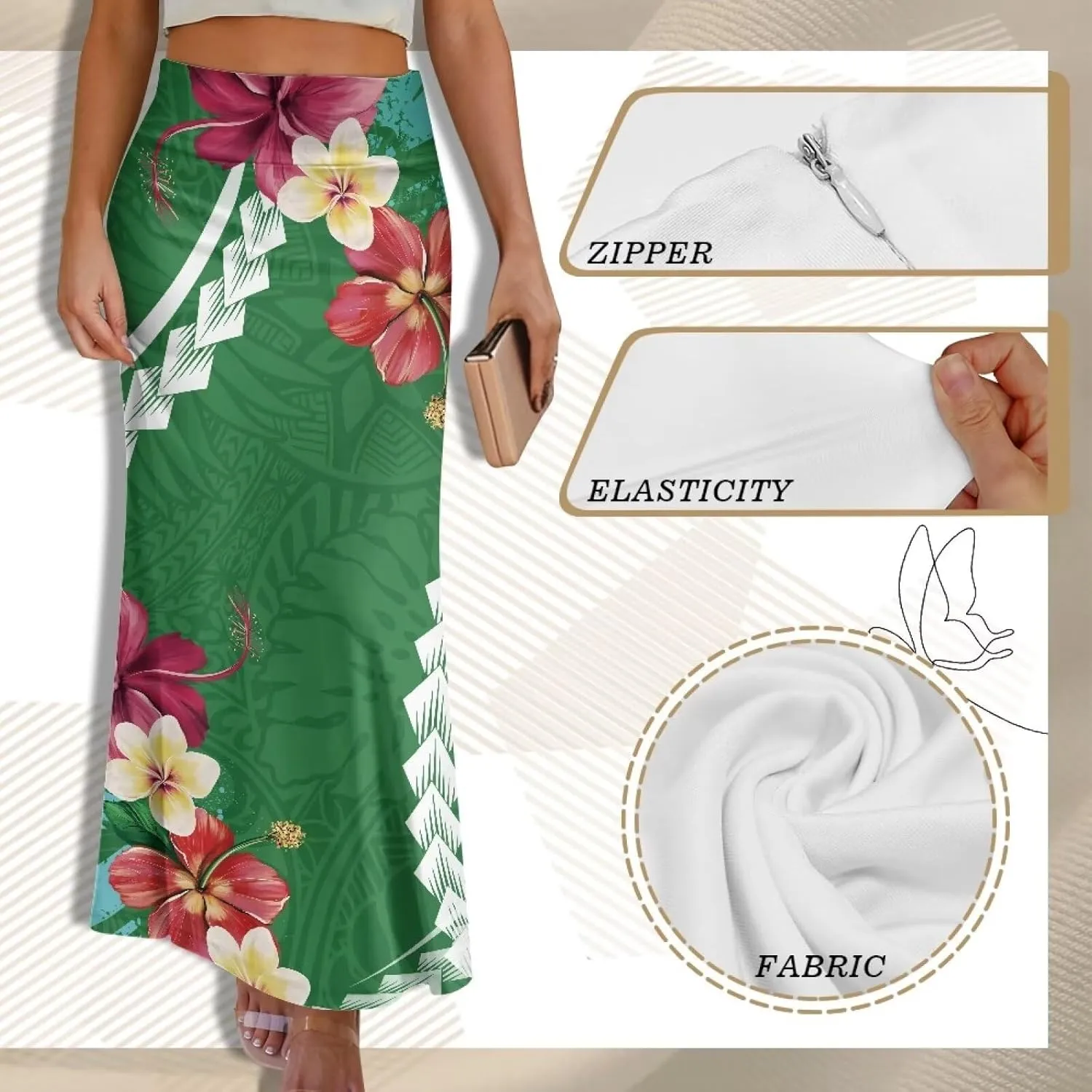 Polynesian Tribal Tatau Pattern Women Summer High Waisted Long Skirts Party Long Flare Maxi Zipper Elegant Skirt