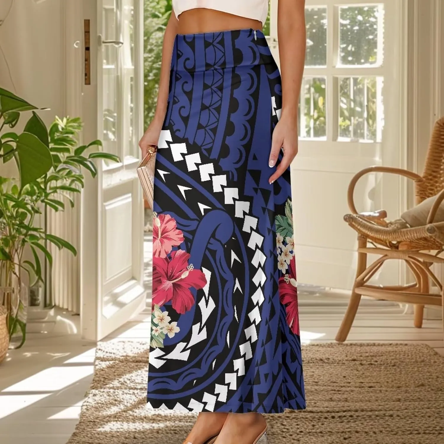 Polynesian Tribal Tatau Pattern Women Summer High Waisted Long Skirts Party Long Flare Maxi Zipper Elegant Skirt