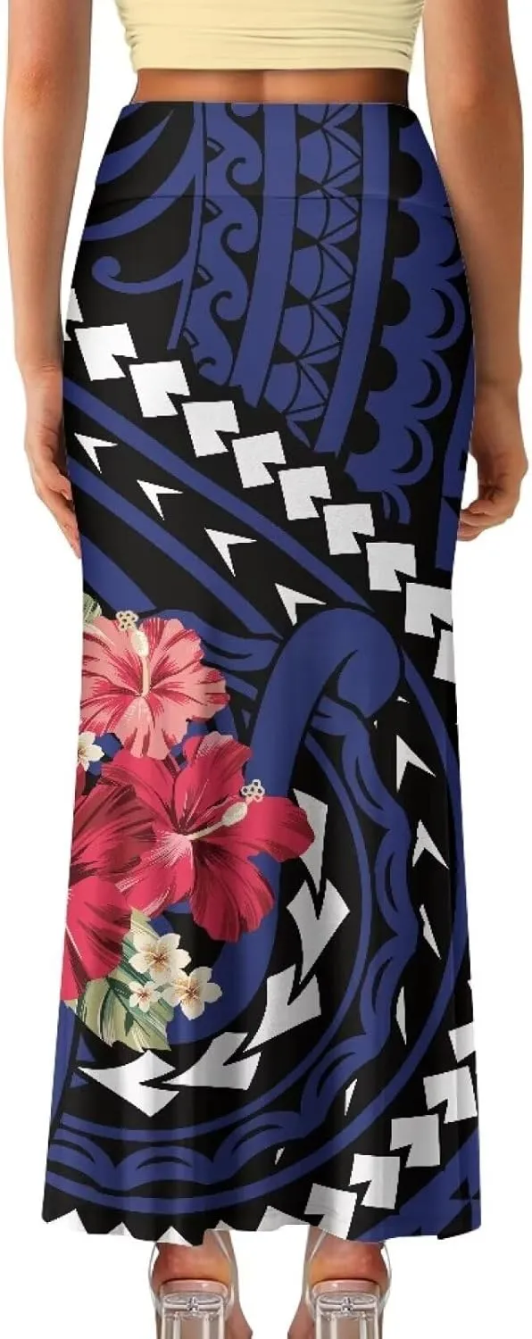 Polynesian Tribal Tatau Pattern Women Summer High Waisted Long Skirts Party Long Flare Maxi Zipper Elegant Skirt