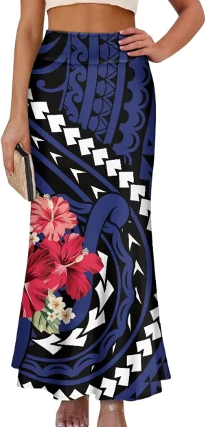 Polynesian Tribal Tatau Pattern Women Summer High Waisted Long Skirts Party Long Flare Maxi Zipper Elegant Skirt