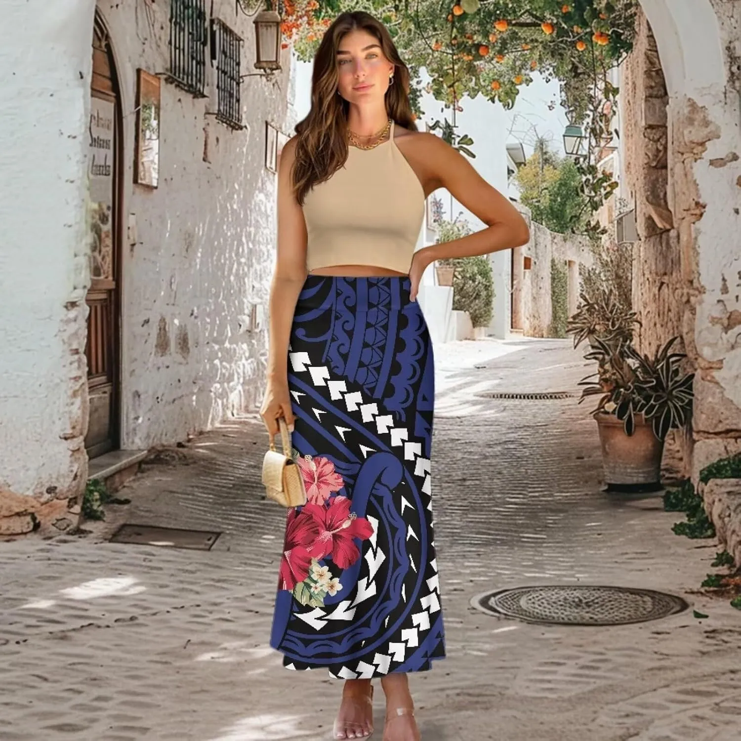 Polynesian Tribal Tatau Pattern Women Summer High Waisted Long Skirts Party Long Flare Maxi Zipper Elegant Skirt