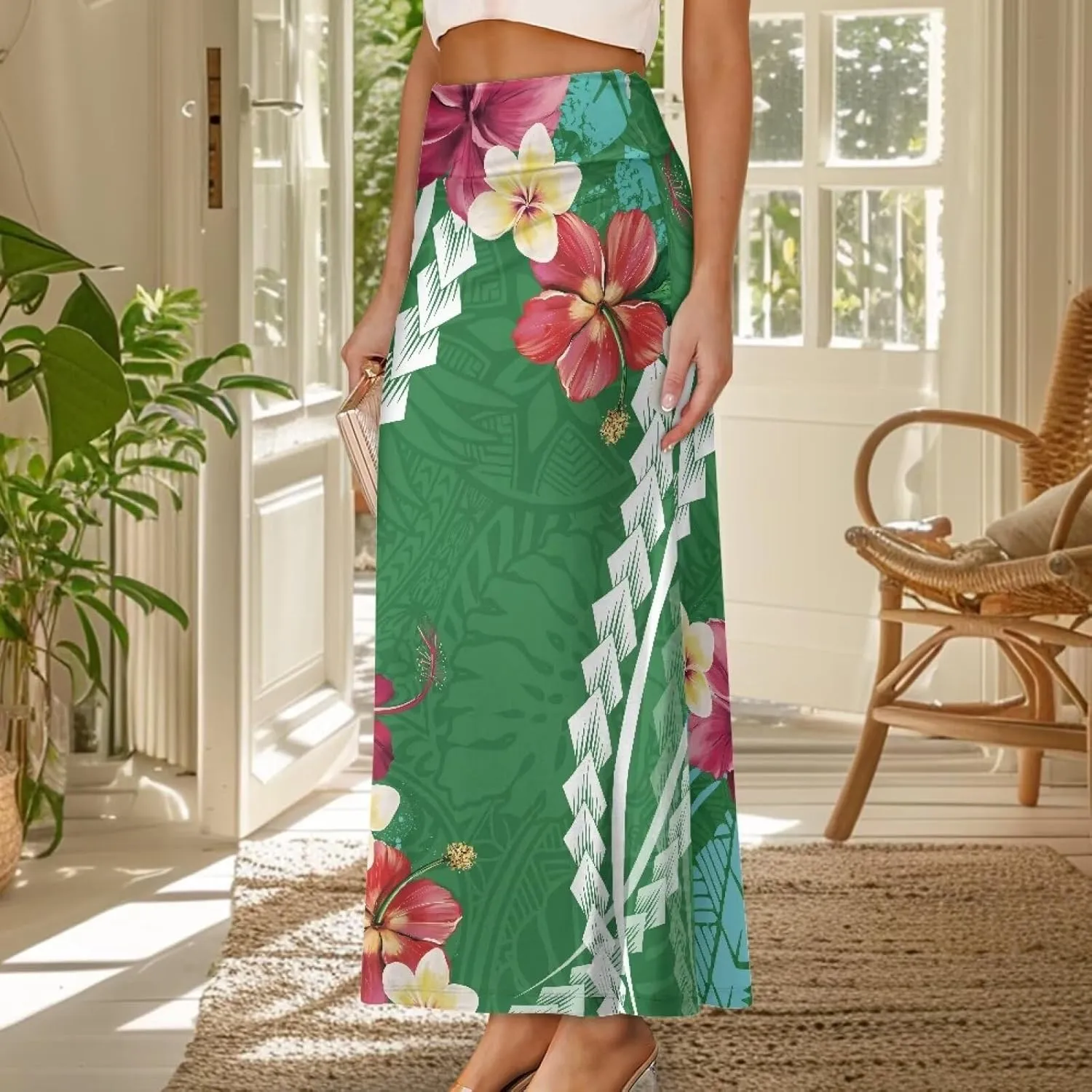 Polynesian Tribal Tatau Pattern Women Summer High Waisted Long Skirts Party Long Flare Maxi Zipper Elegant Skirt