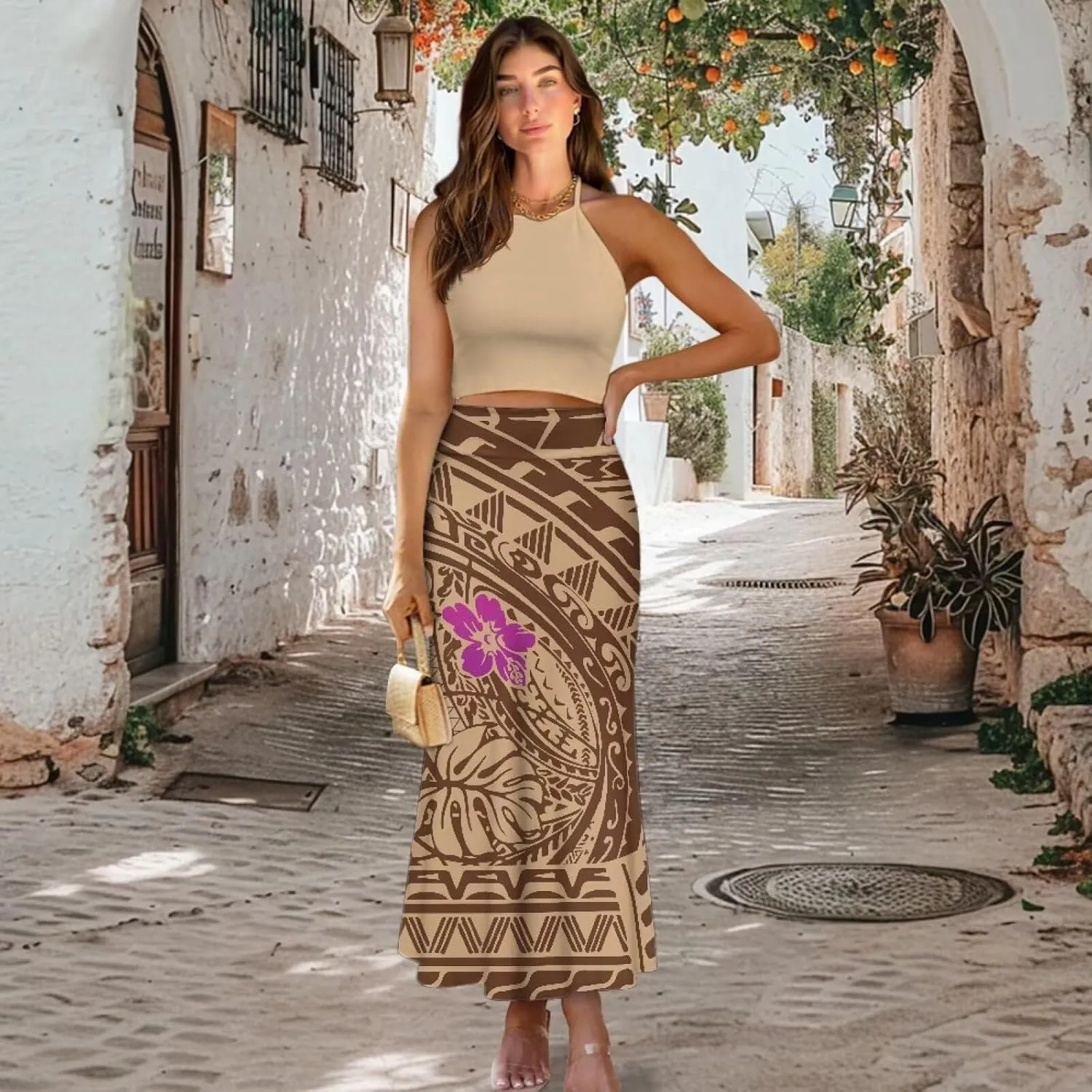 Polynesian Tribal Tatau Pattern Women's Long Maxi Skirt Vintage High Waisted A-Link Long Maxi Skirt